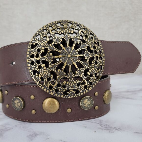 Brown Leather Belt with Studded Coin Accents Medalion Buckle Boho Western - Picture 2 of 11